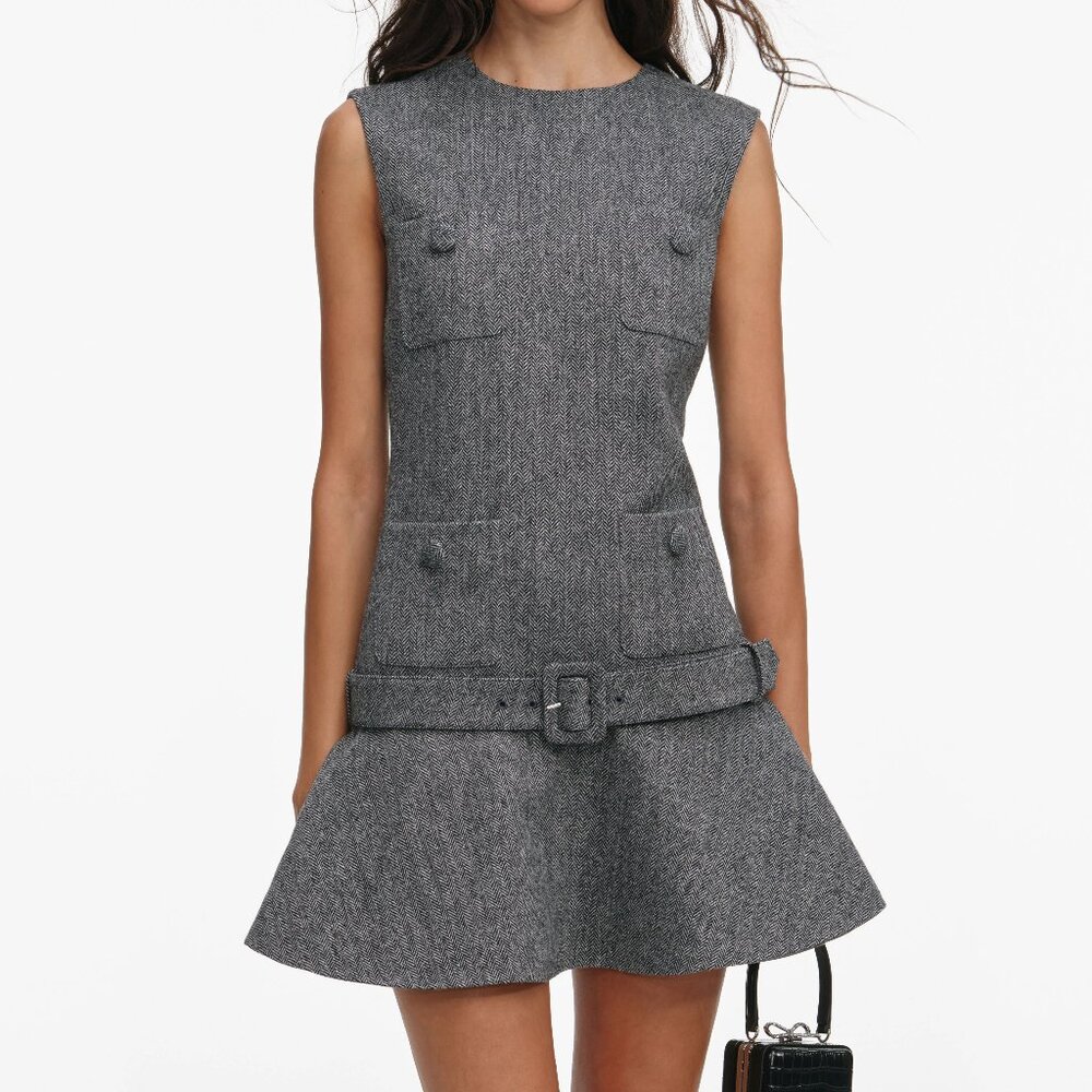 Self-Portrait - Gray Striped Skirt Midi Dress